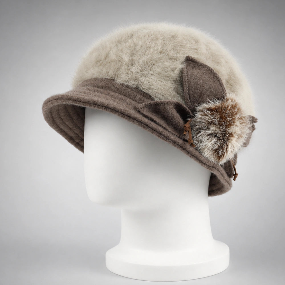 Taupe women’s Angora cloche hat with a fixed wool flower and rabbit-fur pom