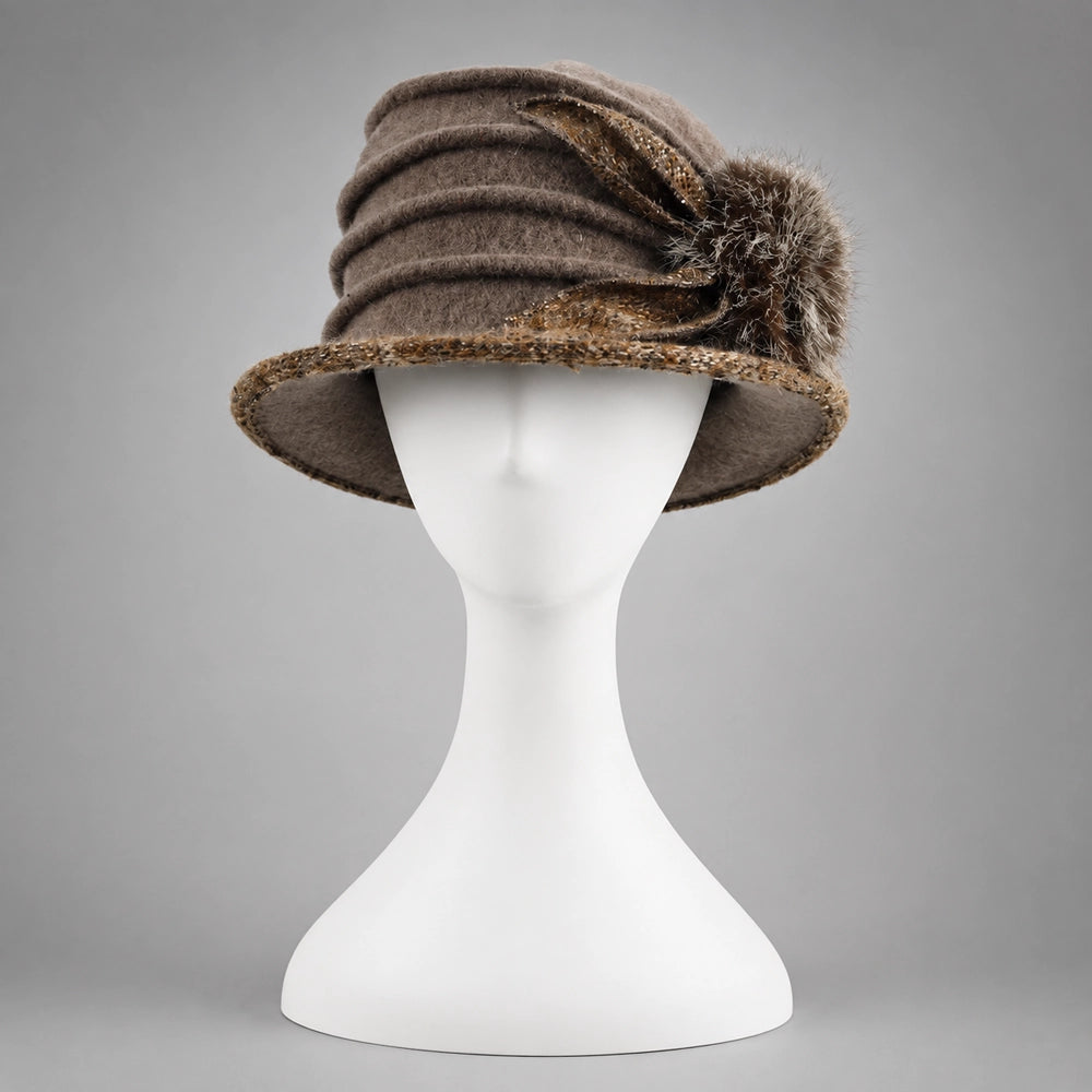 Taupe women’s boiled wool cloche hat with ruched crown and fixed fuzzy pom