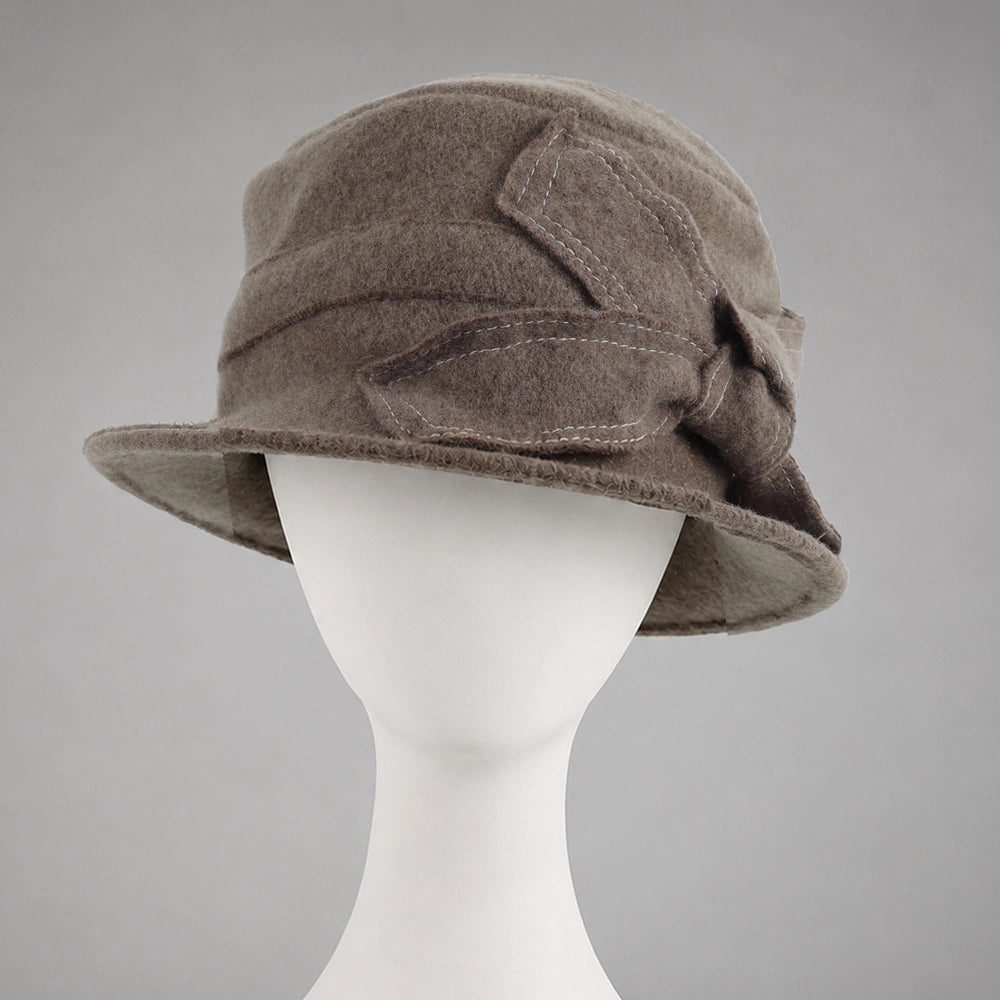 Taupe wool felt cloche hat with contrast-stitched bow detail
