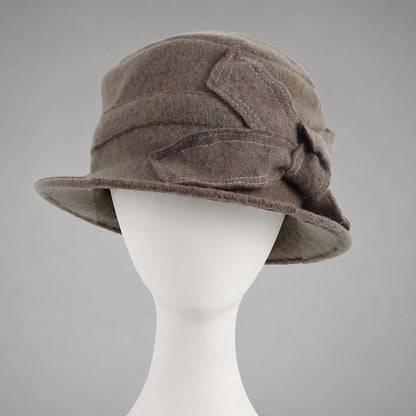 Taupe wool felt cloche hat with contrast-stitched bow detail
