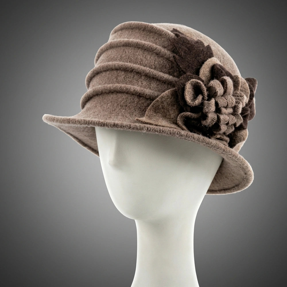 Taupe wool felt cloche hat with a ruched crown and floral side detail