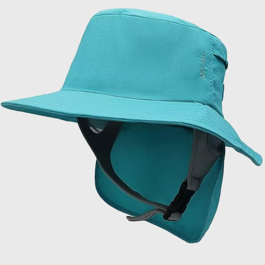 Teal water sports bucket hat with UPF 50+ UV protection. Adjustable chin strap ensures a secure fit for fishing, surfing, and hiking.