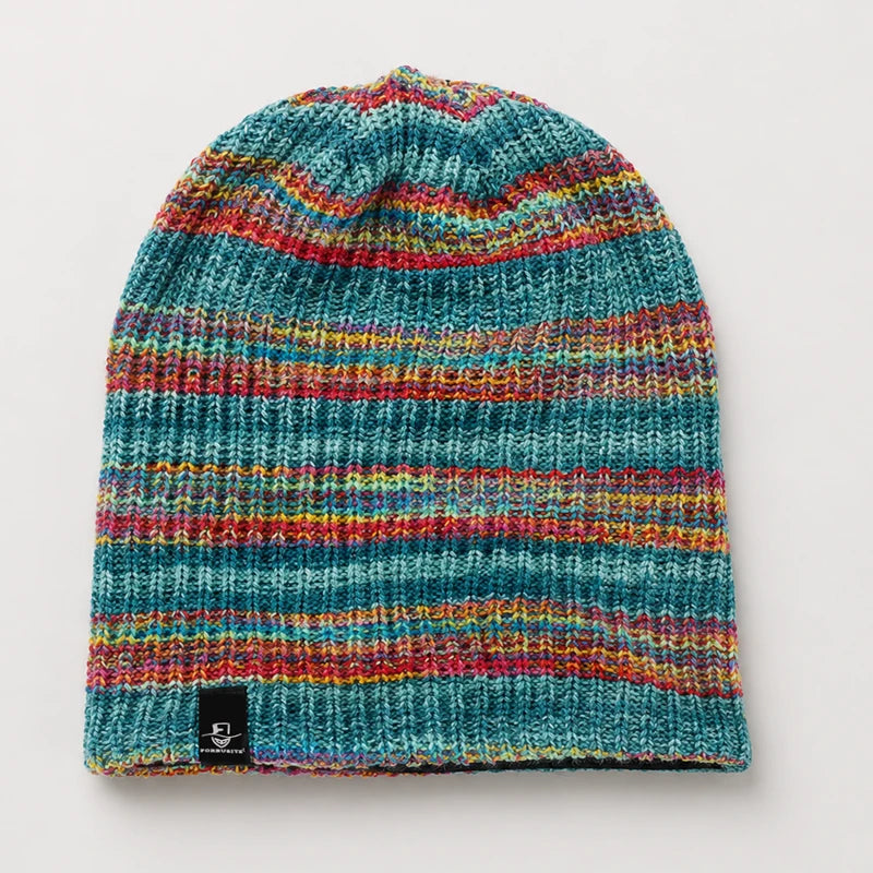 Turquoise and rainbow striped knit slouchy beanie hat with soft lightweight texture