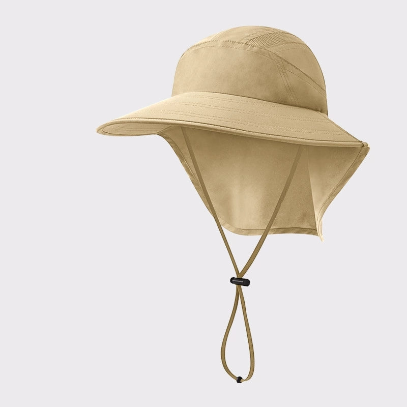 Quick-dry unisex sun hat for travel, camping, and beach, offering UV protection with neck flap and breathable fabric for comfort