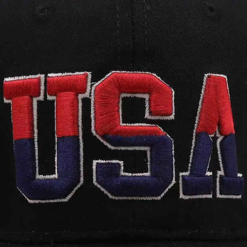 Close-up USA embroidery detail on cotton baseball cap, premium stitching