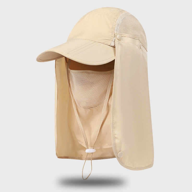 Beige UV protection sun hat with extended neck flap for sun protection during outdoor activities.