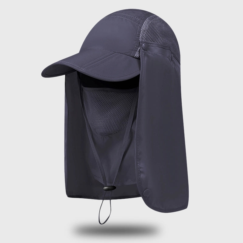 Dark gray UV protection sun hat with extended neck coverage for hiking, running, and outdoor adventures.