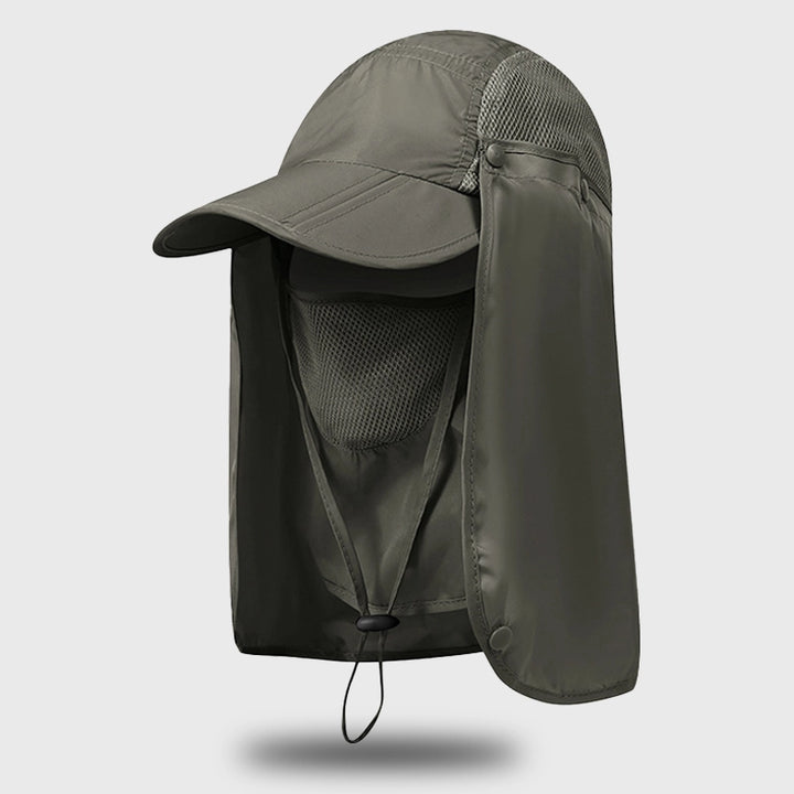 UV protection sun hat with extended neck and visor in green, designed for outdoor sports.