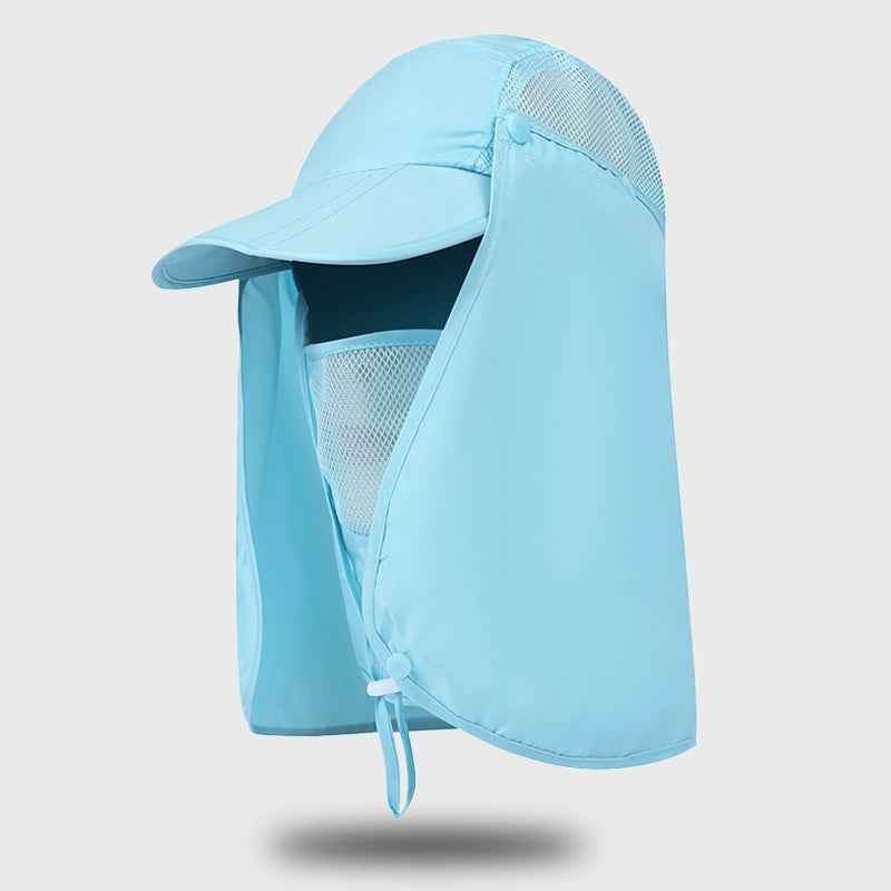 Light blue UV protection sun hat with extended neck flap, perfect for outdoor sports and beach days.