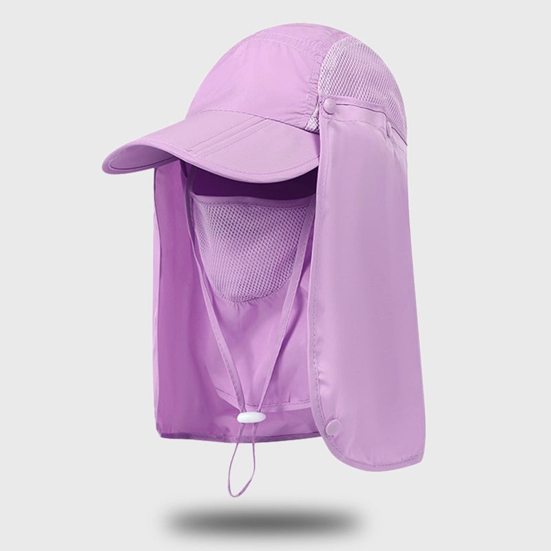 Light purple UV protection sun hat with extended neck and mesh visor for outdoor activities.