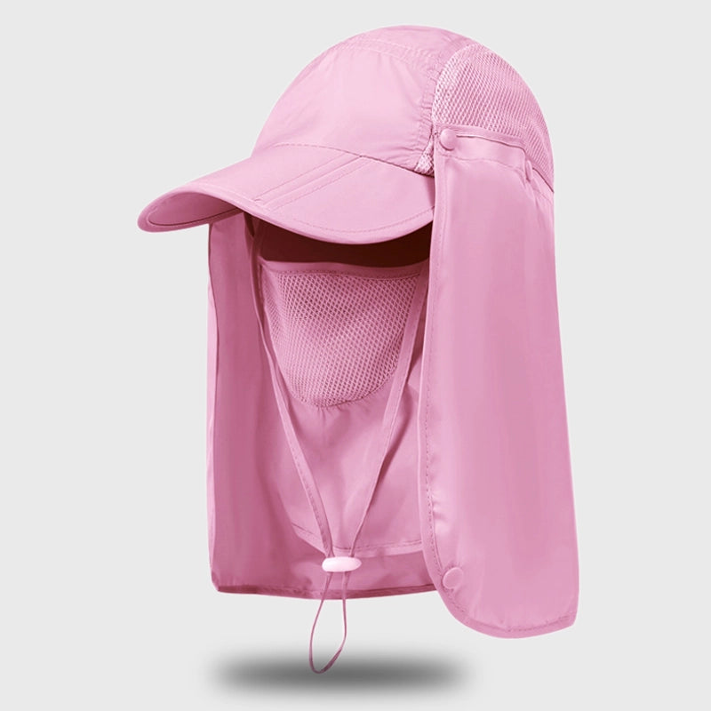 Pink UV protection sun hat with extended neck flap, offering superior UV protection for sports enthusiasts.