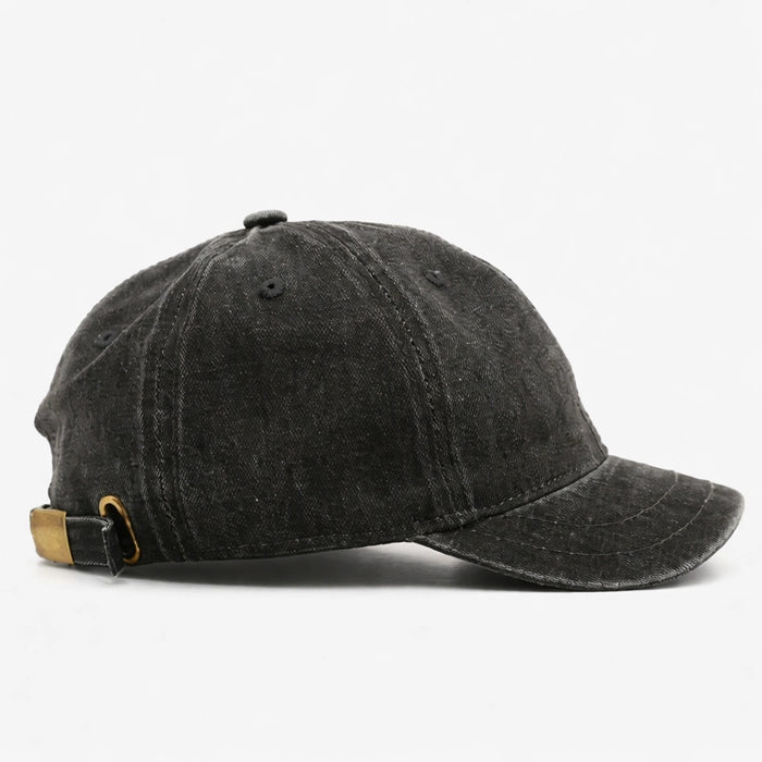 Washed black cotton dad hat baseball cap, distressed design, adjustable strap, perfect for casual and outdoor wear.