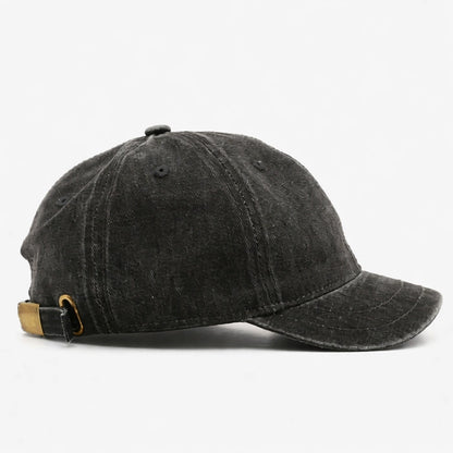 Washed black cotton dad hat baseball cap, distressed design, adjustable strap, perfect for casual and outdoor wear.