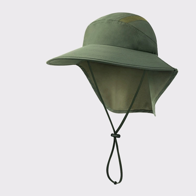 Waterproof wide-brim sun hat for hiking and camping, with neck flap for sun protection and adjustable chin strap for a snug fit