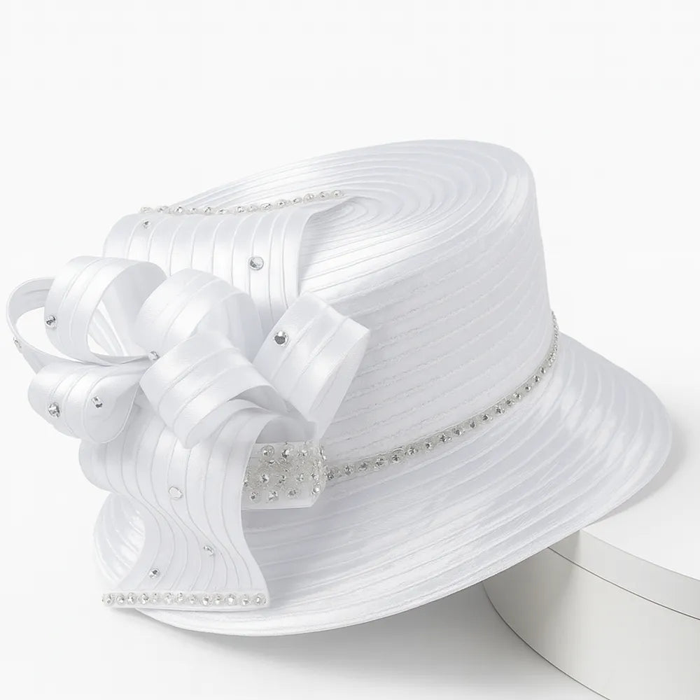 Elegant white church hat with rhinestone bow detail on white turntable, perfect for women’s Sunday service or wedding