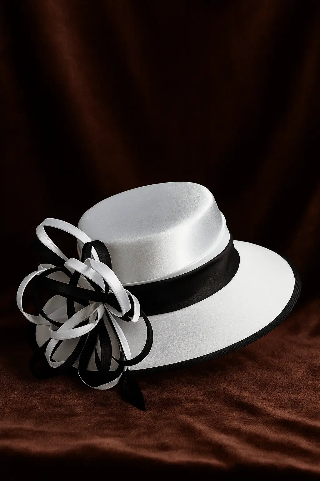 Formal women’s monochrome derby or church hat with satin ribbon embellishment