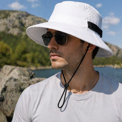 Adjustable white bucket hat offering sun protection for outdoor activities, featuring a breathable design.