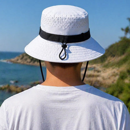 Perfect for hiking and fishing, this white bucket hat provides comfort and sun protection with adjustable straps.