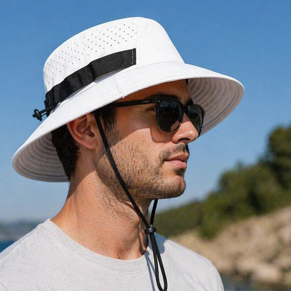 Stylish white bucket hat for men and women, ideal for outdoor activities like fishing and hiking, with a drawstring for a secure fit.