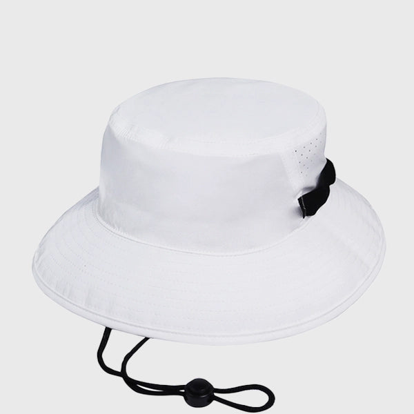 White bucket hat with adjustable strap, great for sun protection during hiking, camping, and outdoor sports.
