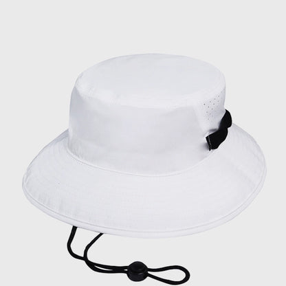 White bucket hat with adjustable strap, great for sun protection during hiking, camping, and outdoor sports.