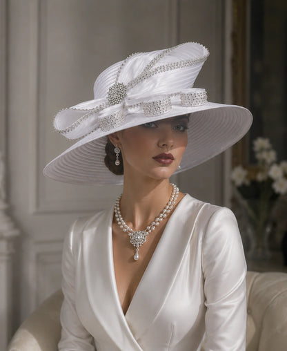 Elegant white church hat with rhinestone embellishments, perfect for weddings, Sunday service, and formal events.
