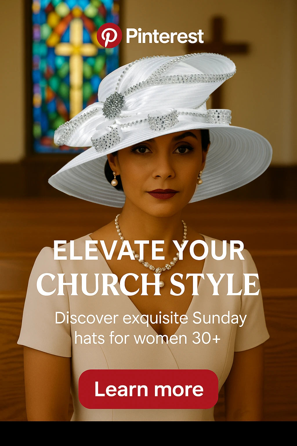 Model wearing luxury white hat for Sunday church service with pearls