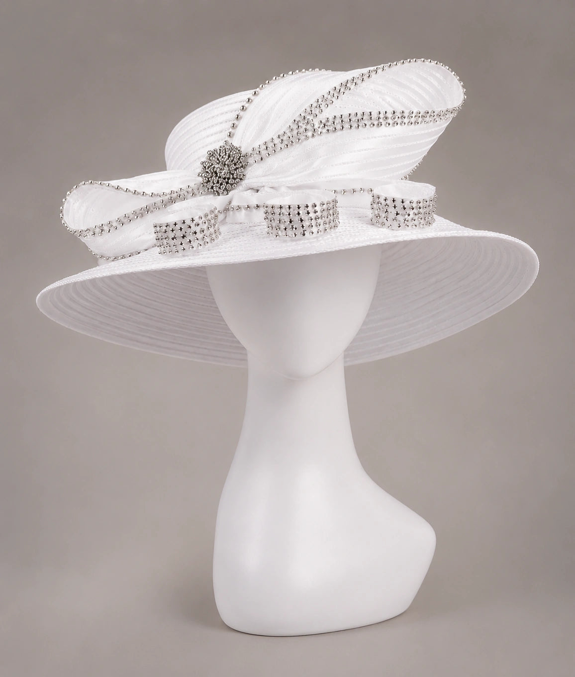Front view of white luxury church hat with detailed rhinestone design, ideal women’s formal hat by FORBUSITE.