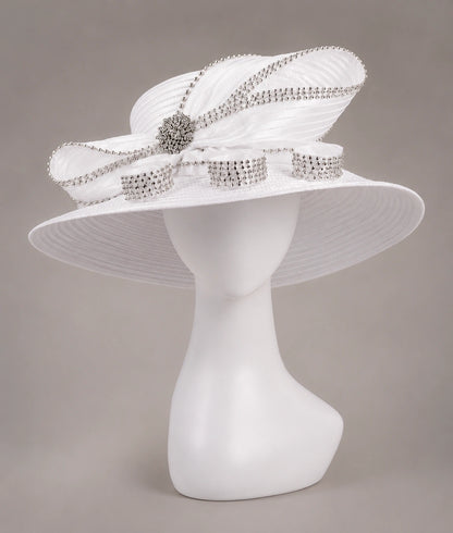 Front view of white luxury church hat with detailed rhinestone design, ideal women’s formal hat by FORBUSITE.