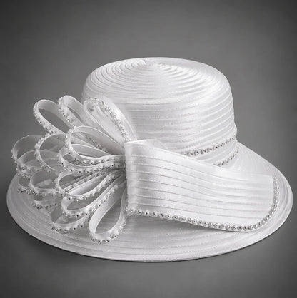 White church hat with rhinestone bow product detail for wedding church ceremony