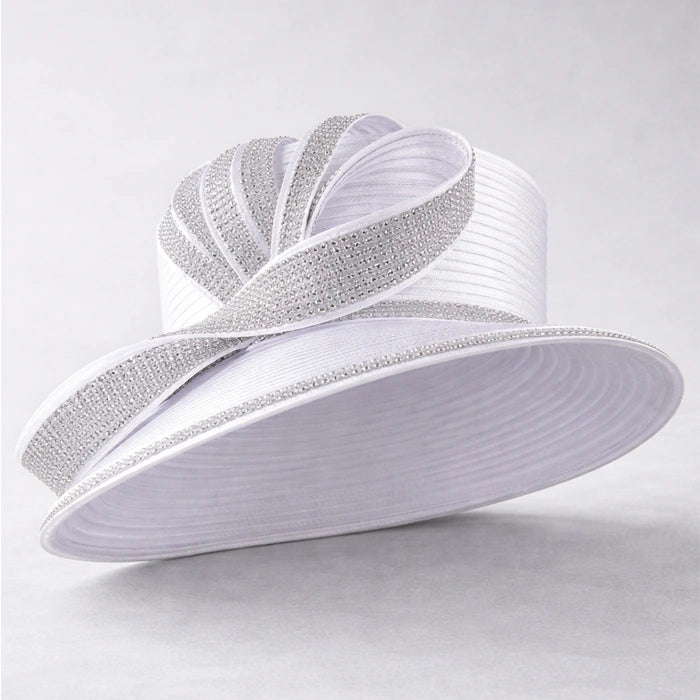 Elegant white satin church hat with silver rhinestones, perfect for bridal events and formal occasions.