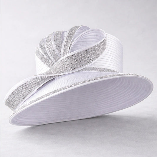 Elegant white satin church hat with silver rhinestones, perfect for bridal events and formal occasions.