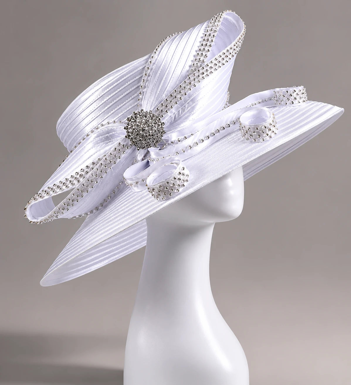 Side view of white church hat with rhinestone detail, suitable for Derby events and luxury Sunday hats.