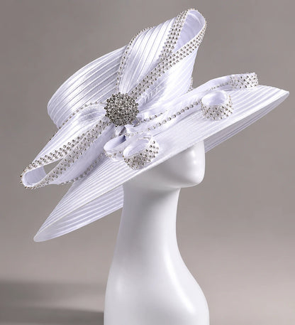 Side view of white church hat with rhinestone detail, suitable for Derby events and luxury Sunday hats.