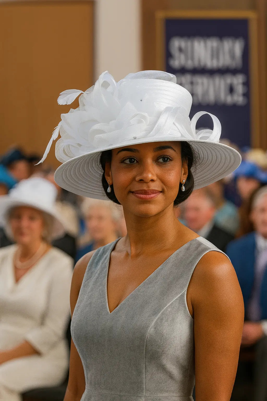  Woman wearing white wide brim church hat with satin dress – FORBUSITE Grace in Bloom Collection