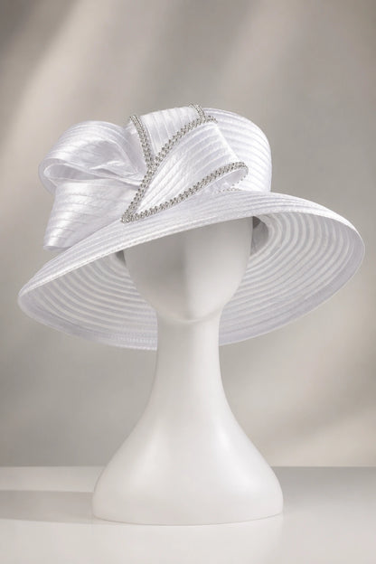 White church hat with wide brim and rhinestone bow displayed on mannequin
