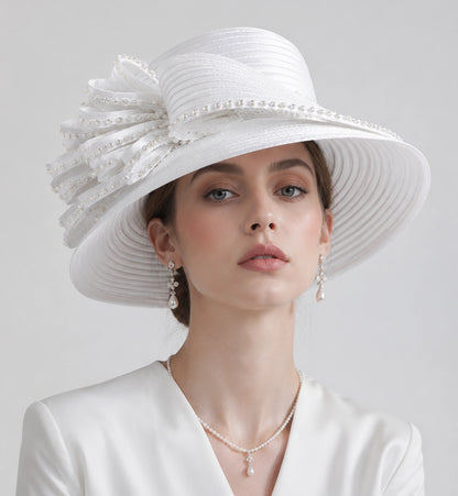 White church hat with wide brim rhinestone bow for elegant Sunday service outfit