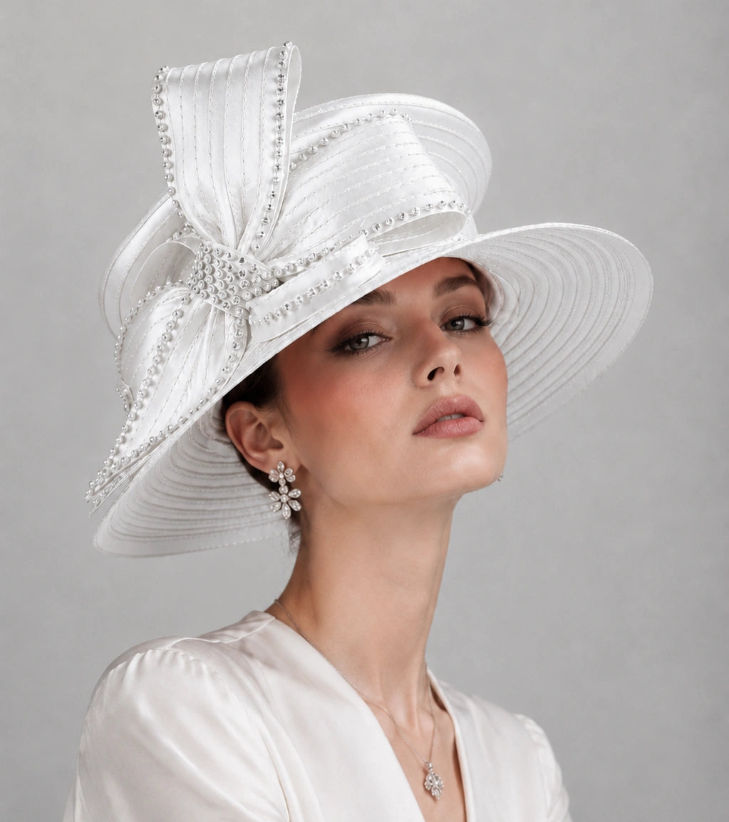 White church hat with wide brim rhinestone bow for wedding church ceremony and Sunday service