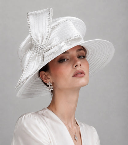 White church hat with wide brim rhinestone bow for wedding church ceremony and Sunday service