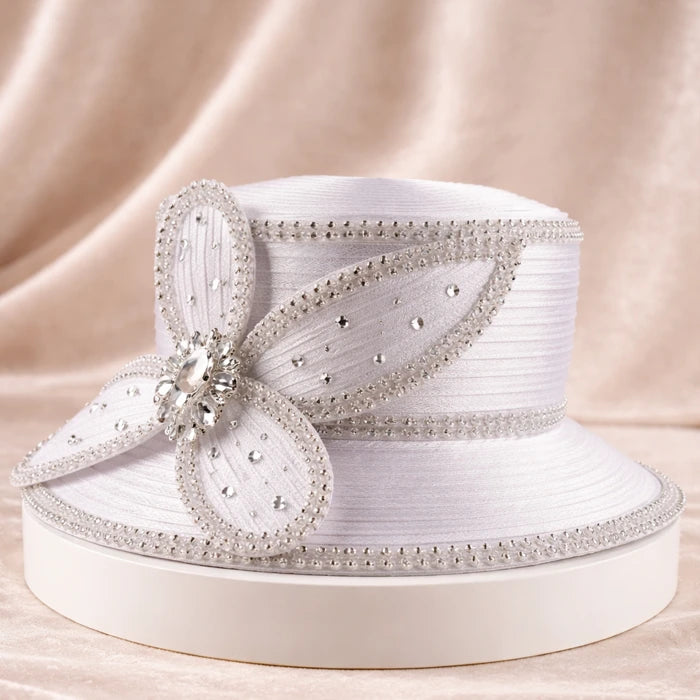 White church hat with crystal diamante accents, a timeless piece for formal gatherings, designed by FORBUSITE.