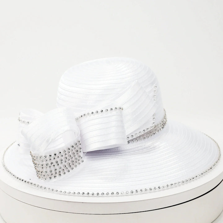 White wide-brim church hat with pleated satin texture and rhinestone ribbon bow, ideal for weddings and Sunday service
