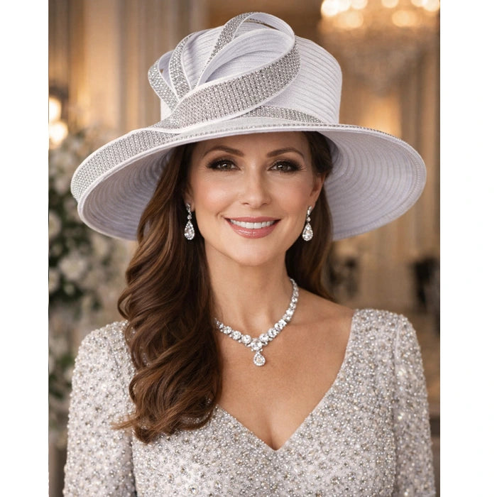 Stylish white formal hat with satin fabric and a rhinestone-embellished bow, ideal for weddings and formal gatherings.