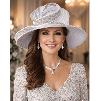 Stylish white formal hat with satin fabric and a rhinestone-embellished bow, ideal for weddings and formal gatherings.