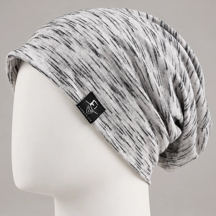 White and gray lightweight slouchy beanie with a soft relaxed drape