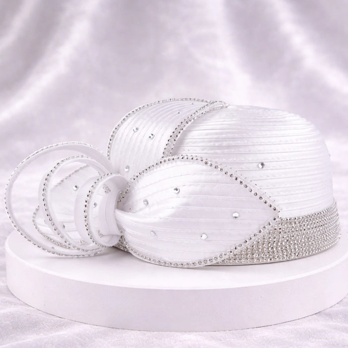 Elegant white satin church hat adorned with sparkling crystals, perfect for upscale events.