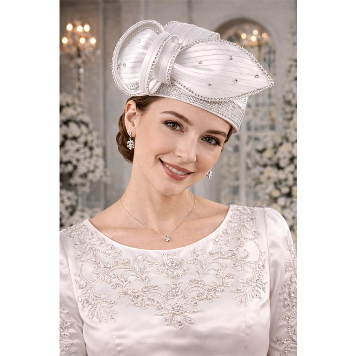 Detailed view of a white satin church hat with delicate crystal embellishments, ideal for special occasions.