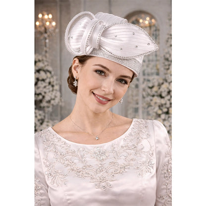 Detailed view of a white satin church hat with delicate crystal embellishments, ideal for special occasions.