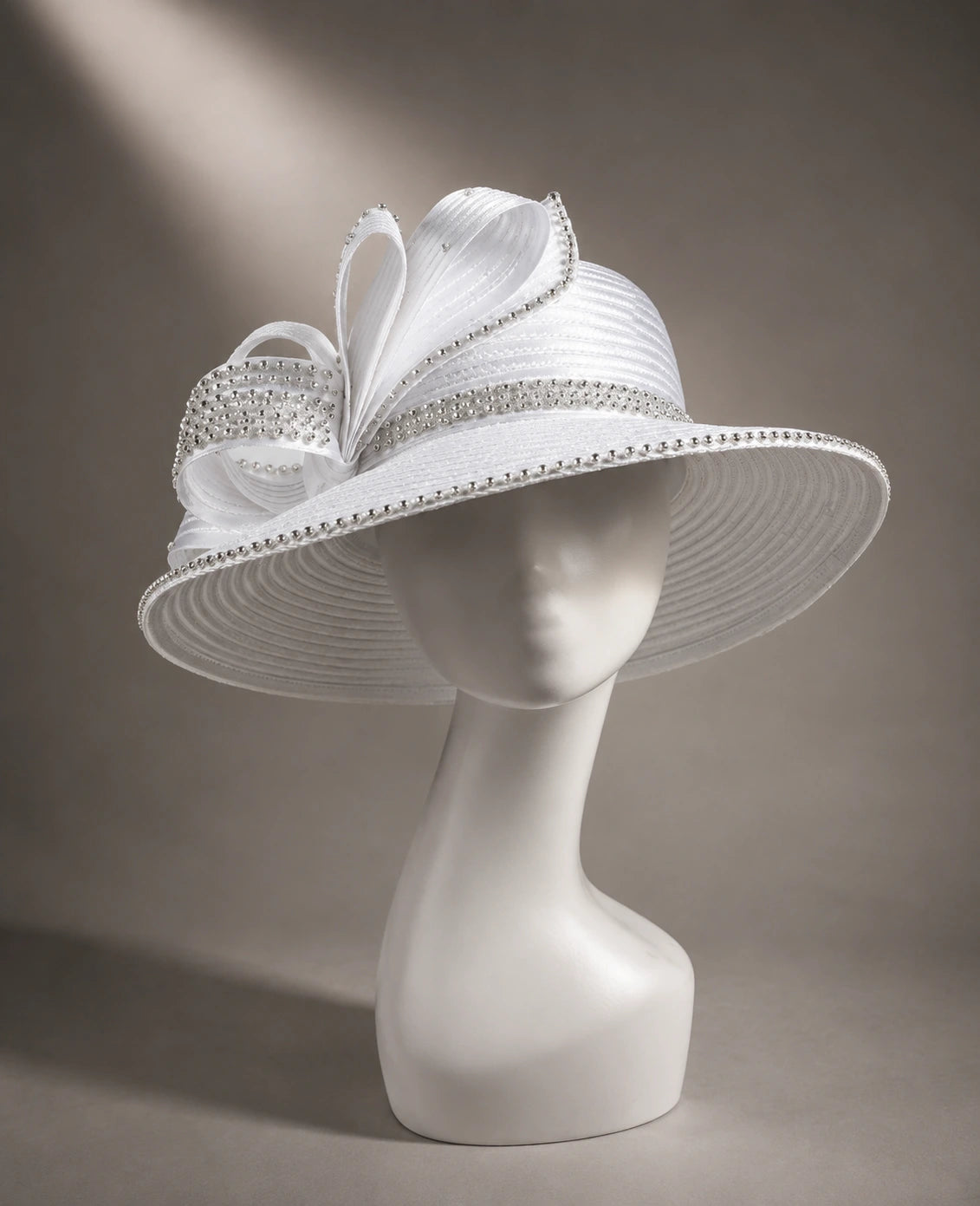 Luxury white Sunday church hat with sparkling rhinestone accents and wide brim silhouette for women