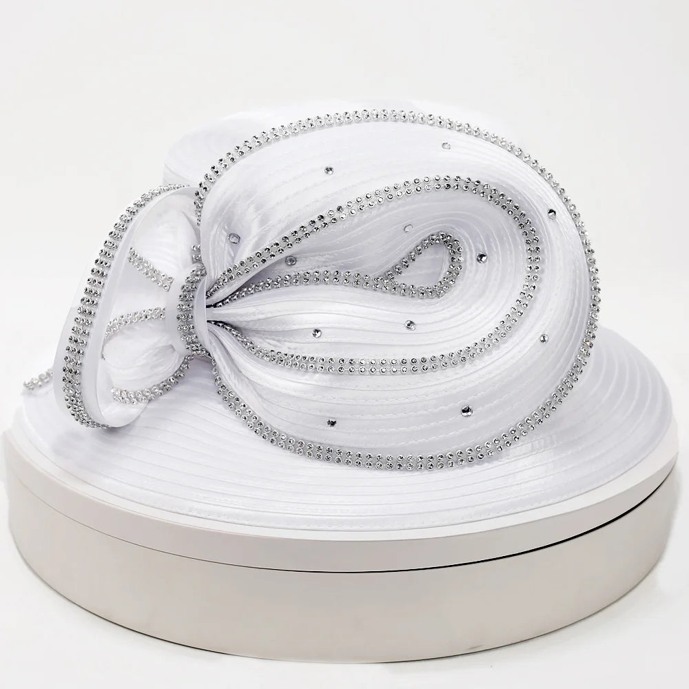 Front view of an elegant white church hat with rhinestone trim, worn by a mannequin with pearl jewelry, ideal for weddings and Sunday service.