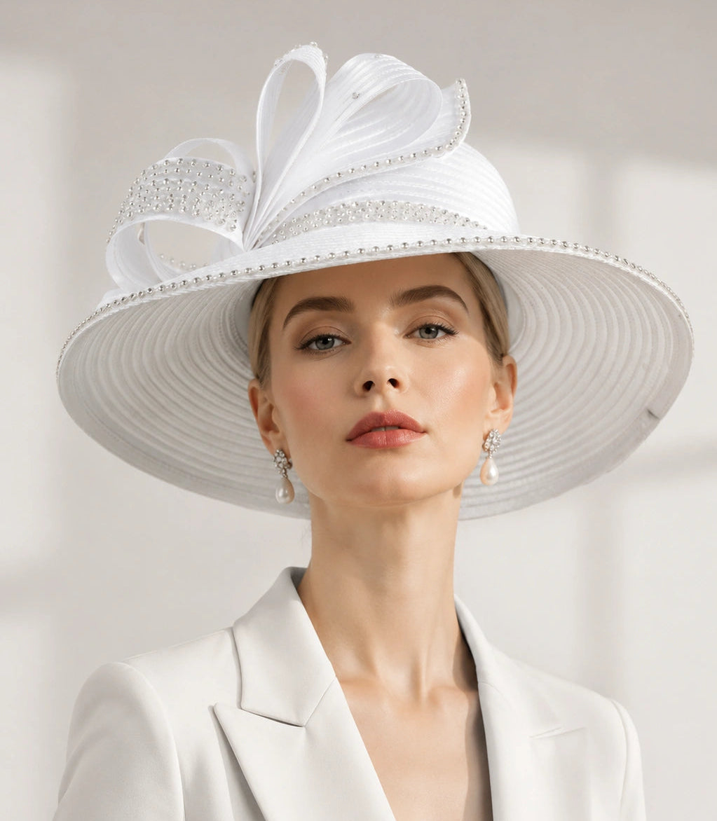 Elegant white rhinestone church hat for women styled with a formal white outfit, perfect for Sunday worship and special occasions